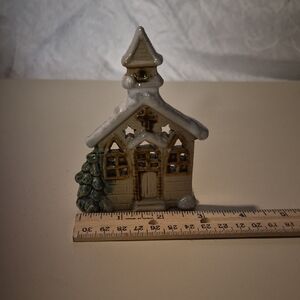 Vintage Ceramic Holiday Church Tealight Holder with Snow Accents